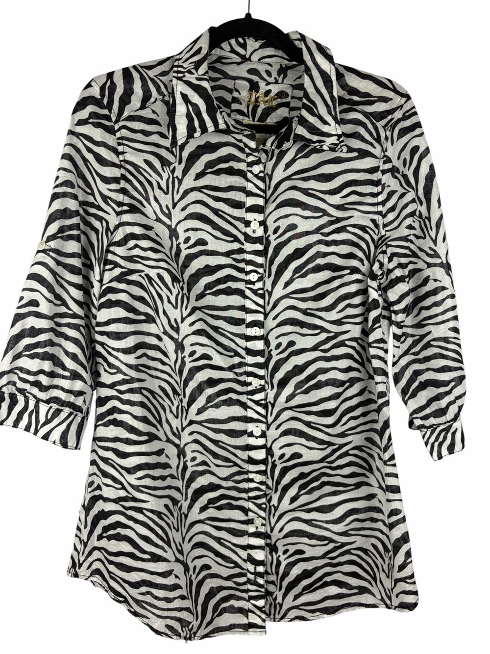 LAL Live a Little Zebra Print Cotton Silk Button Up Tunic Shirt Medium
